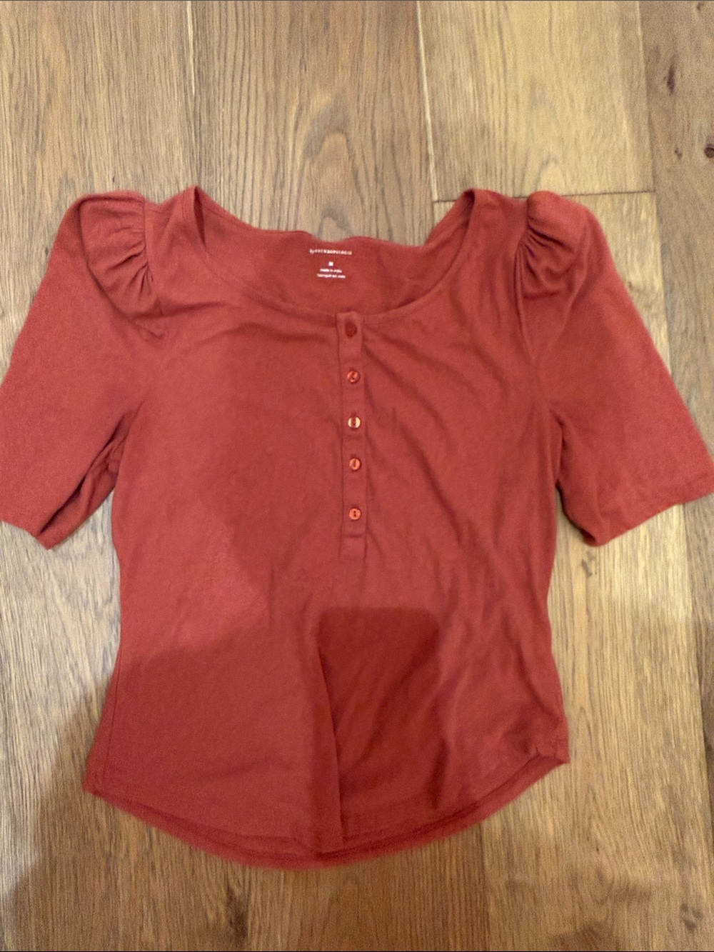 Anthropologie Rust Red Puff Sleeve Button-Up Top